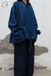 AVIVA JIFEI XUE Indigo Stripe Linen Short Kimono Jacket A21-KJS Reversible Indigo Stripe Linen Short Kimono Jacket